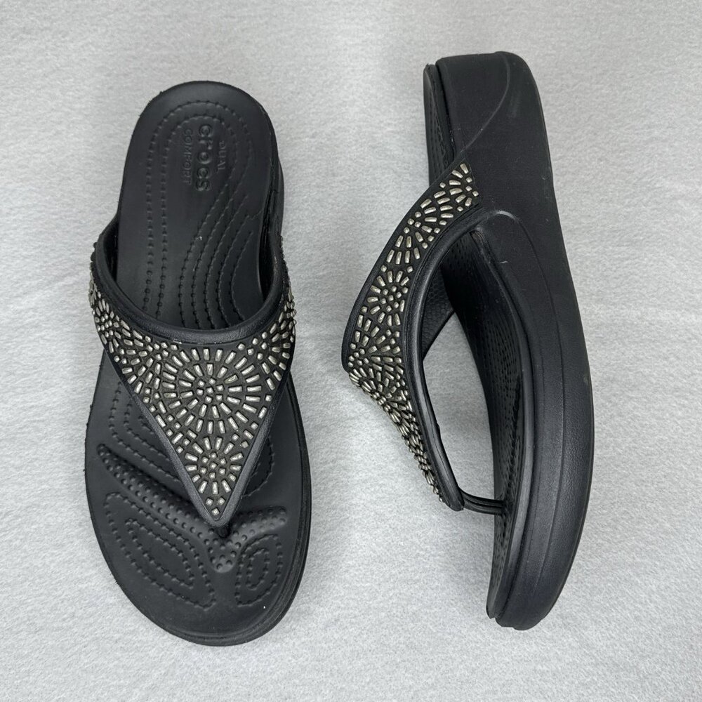 Crocs Wedge Sandals Black Monterey Diamante Womens Sz 7 Studded Platform Thong - Picture 3 of 10
